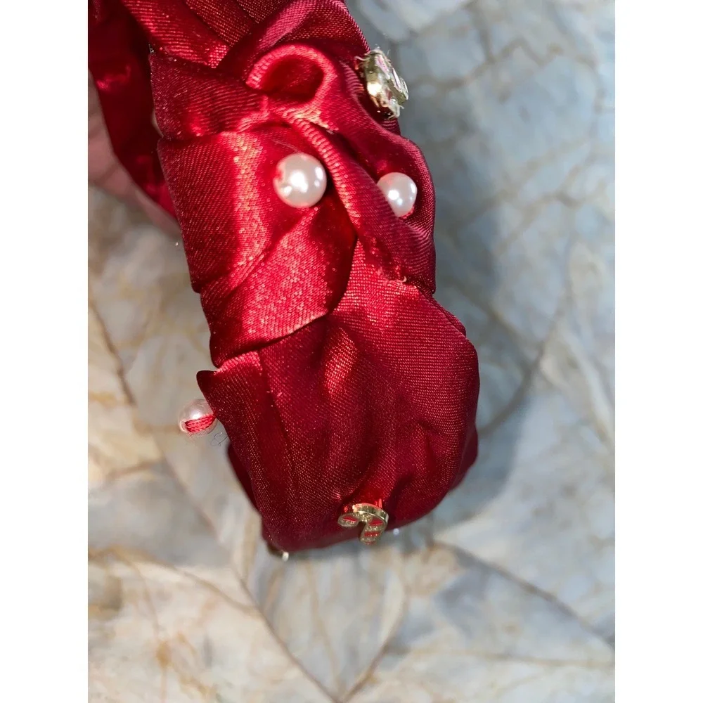 Red Satin Knotted Headband Faux Pearl Candy Cane Christmas Holiday‎ Charms Wide